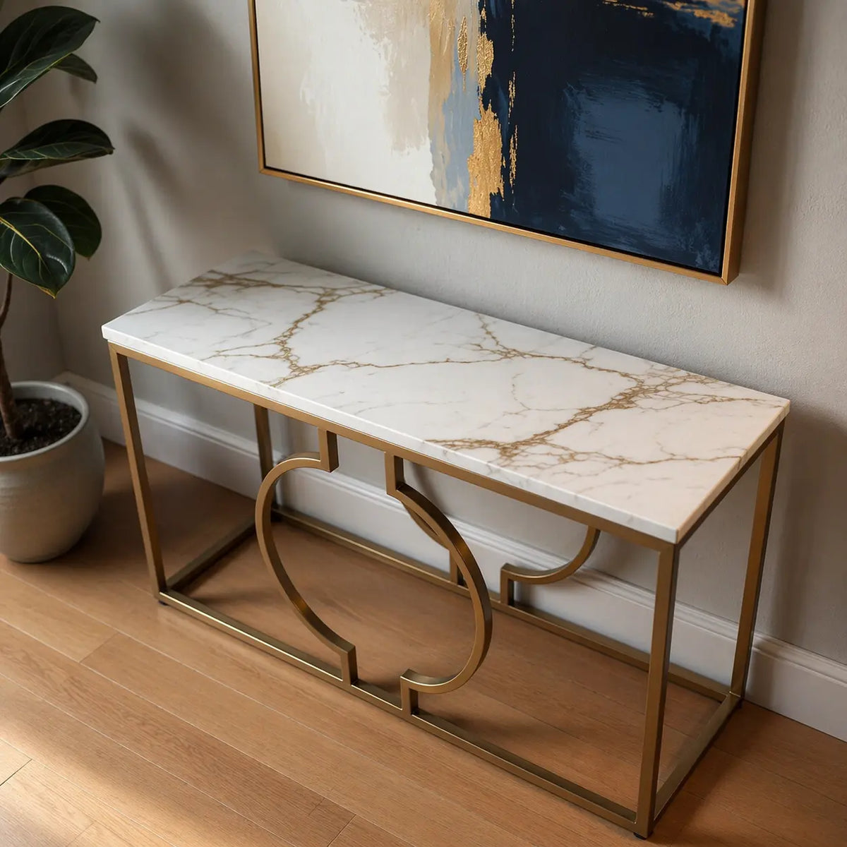 Metallic Ring Console Table with White Marble Table Top