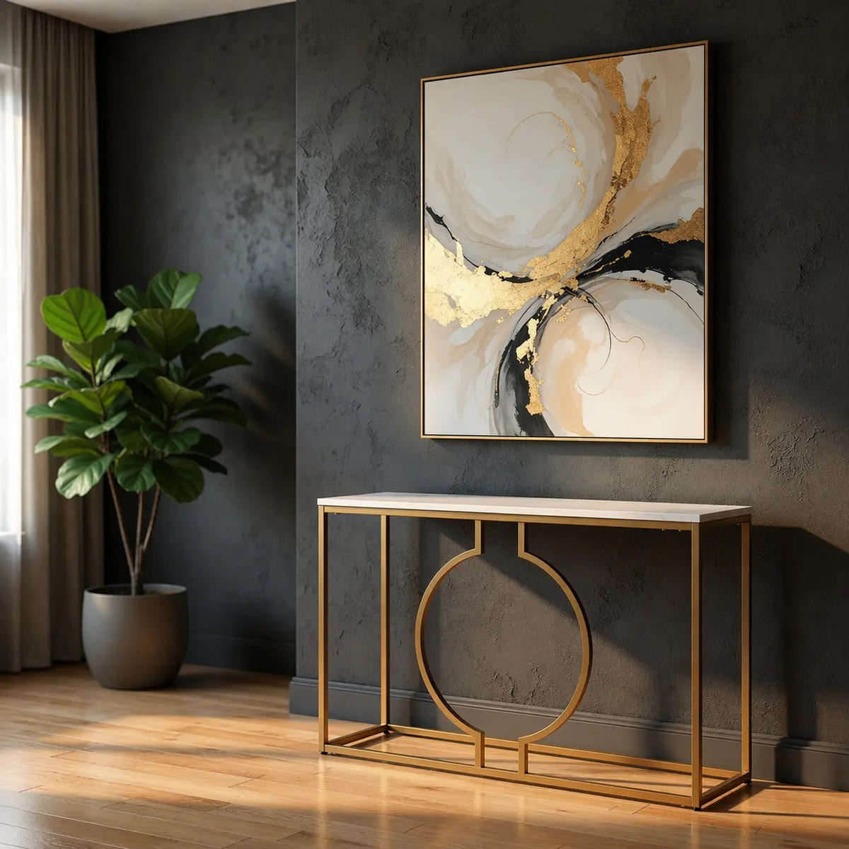 Metallic Ring Console Table with White Marble Table Top