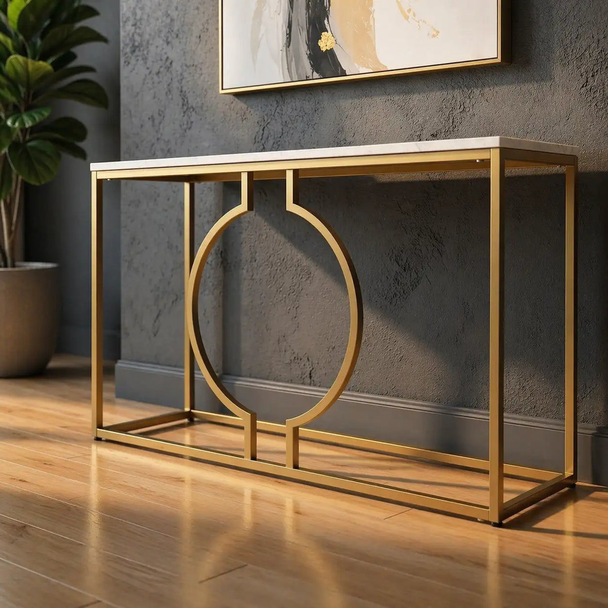Metallic Ring Console Table with White Marble Table Top