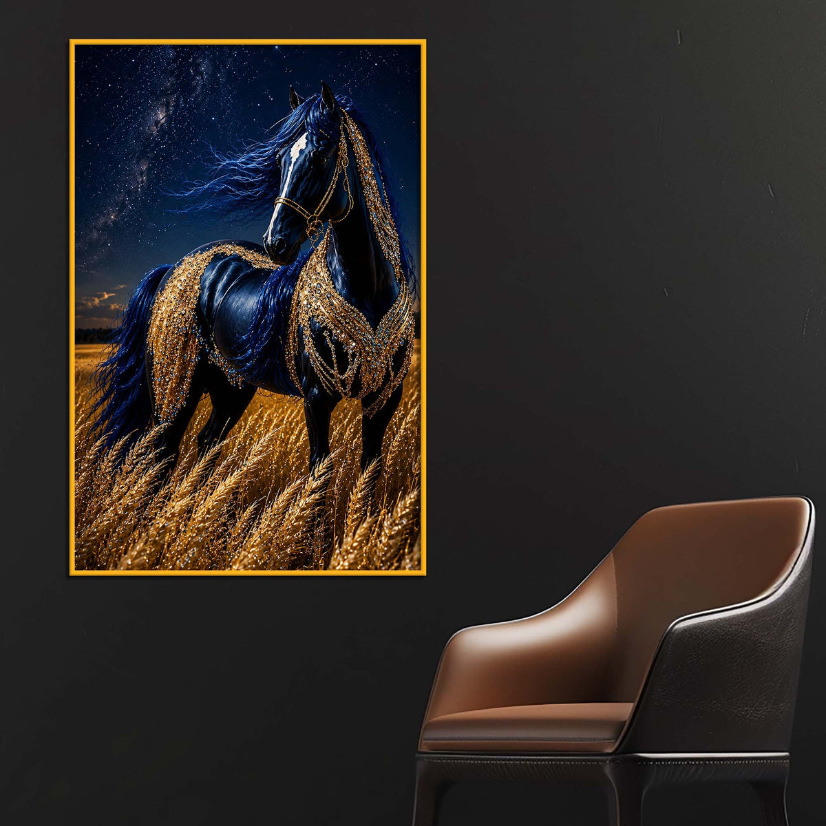 Midnight Blue Horse Floating Frame Crystal Wall Painting