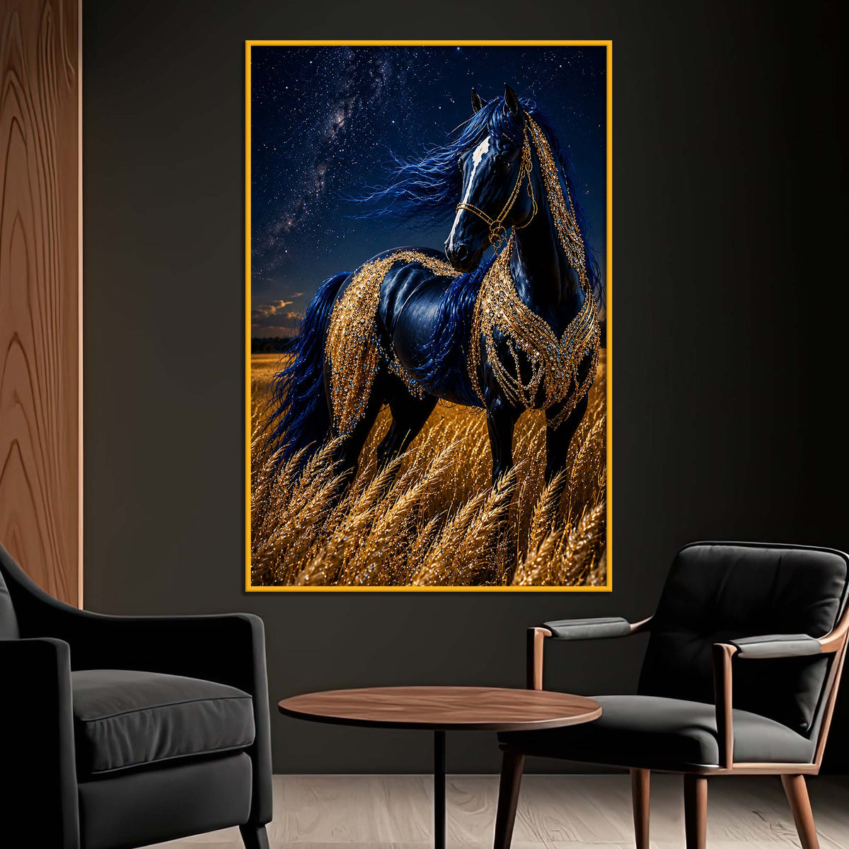 Midnight Blue Horse Floating Frame Crystal Wall Painting