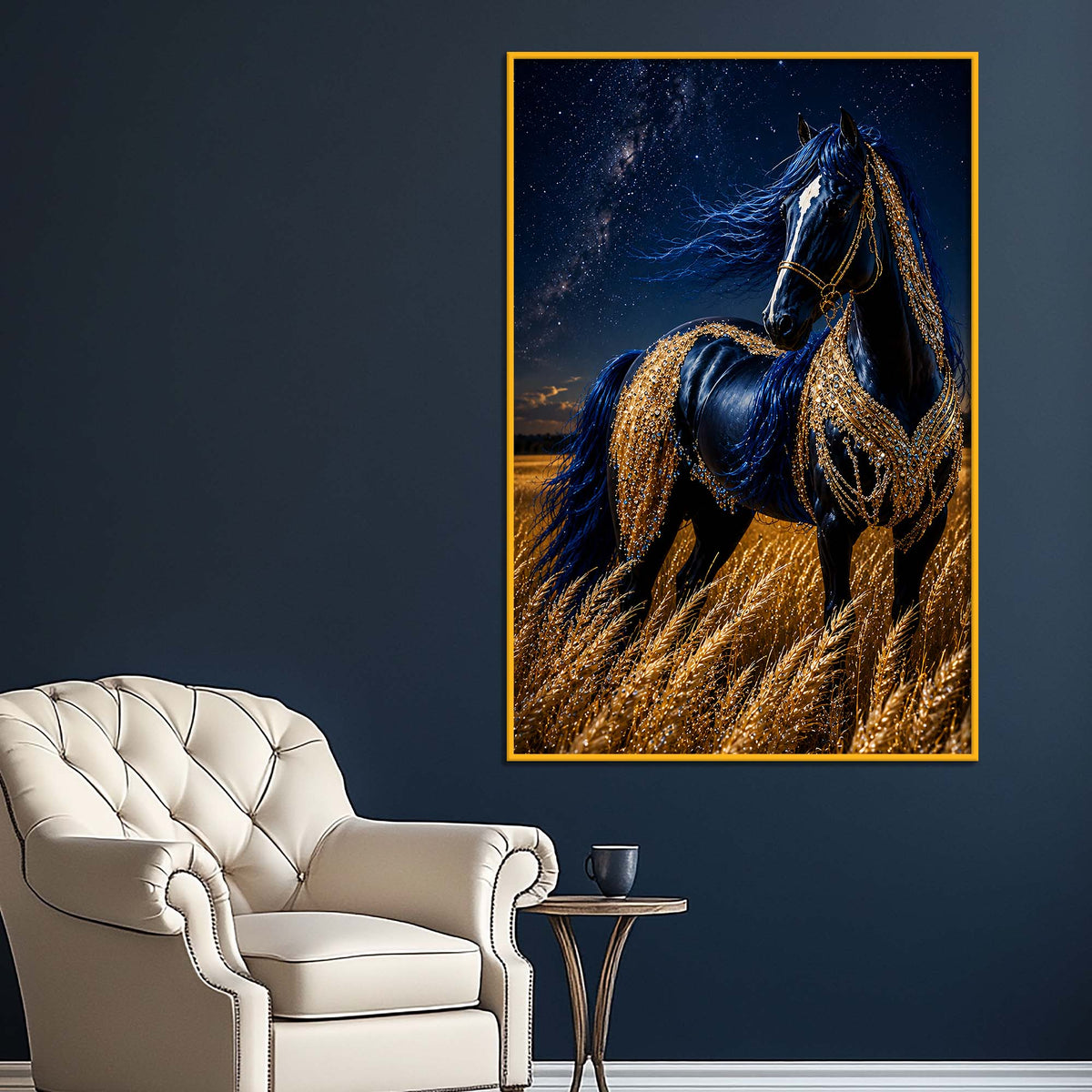 Midnight Blue Horse Floating Frame Crystal Wall Painting