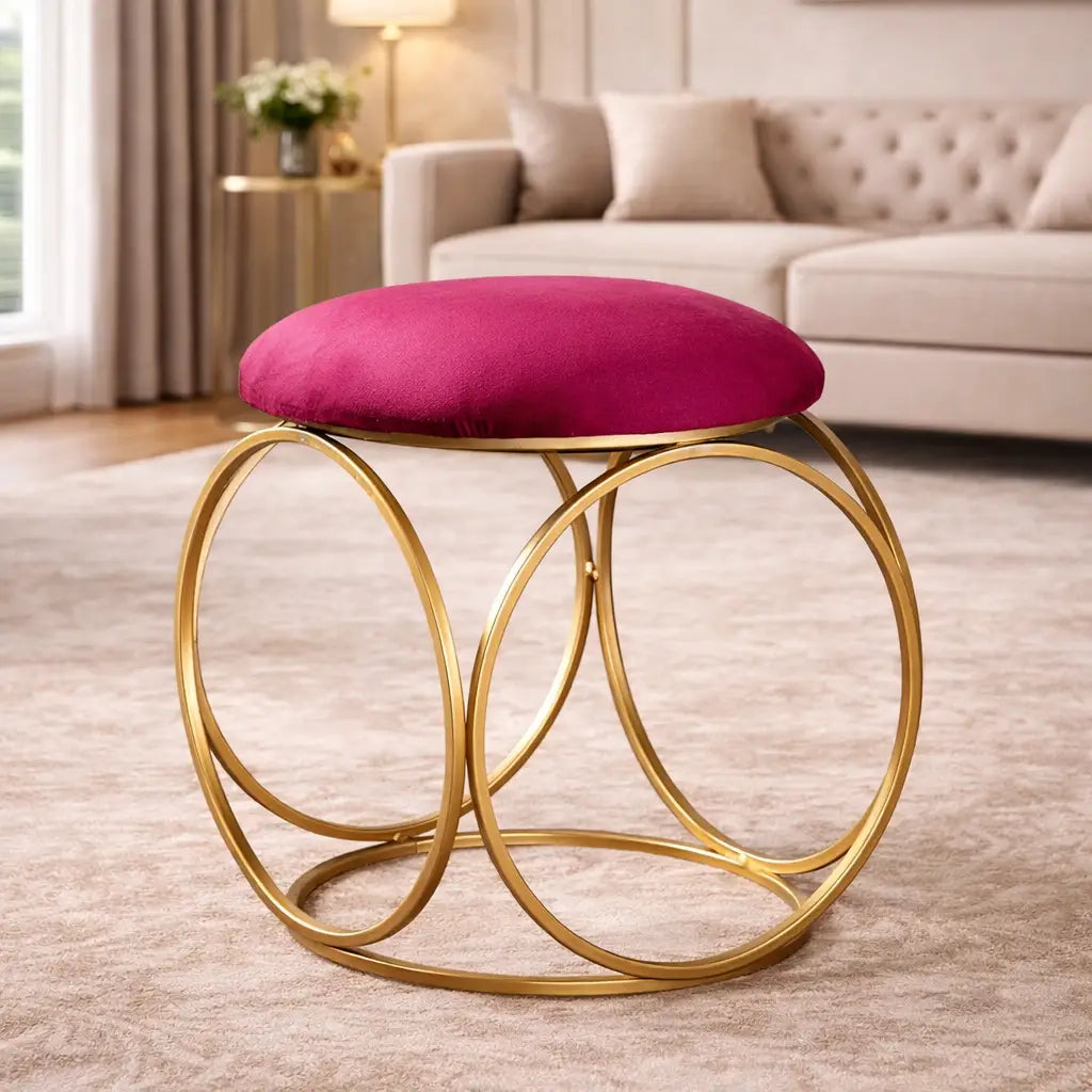 Minimalist Glam Rich Pink Color Stool with Circular Gold Base