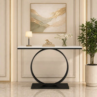 Minimalist Marble Console Table with Sleek Black Circular Base