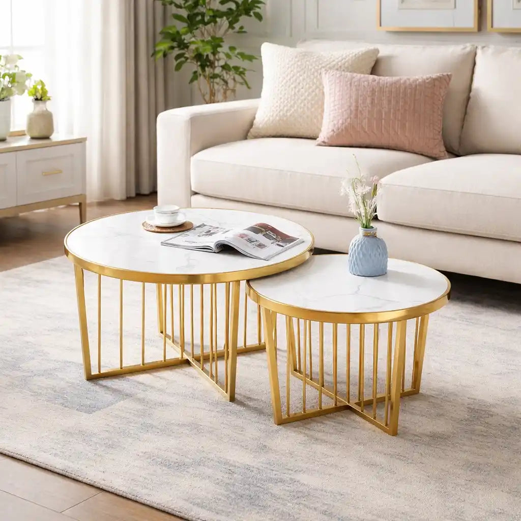 Minimalist Round Coffee Table Pair with Chic Gold Design