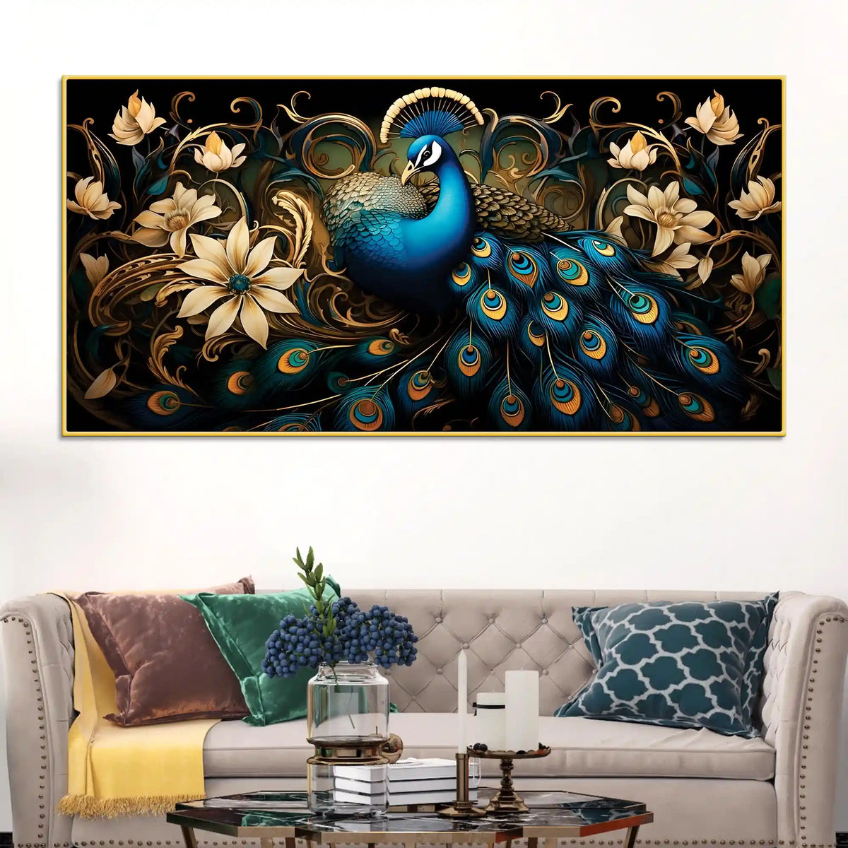 Miraculous Royal Peacock Resting in a Garden of Golden Blooms Canvas Wall Painting