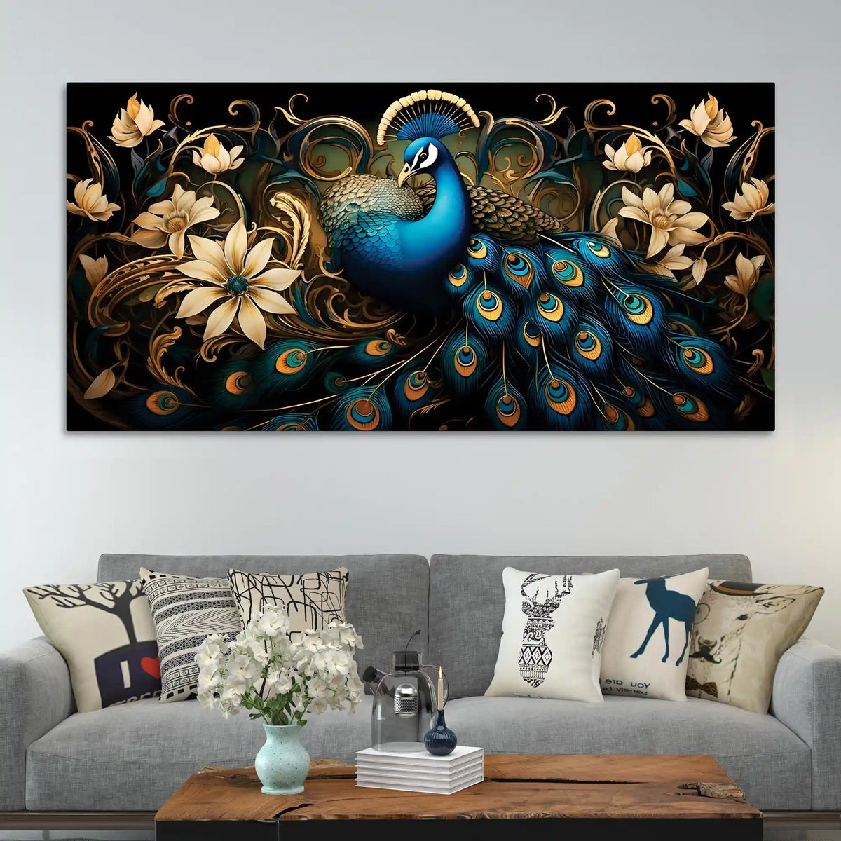 Miraculous Royal Peacock Resting in a Garden of Golden Blooms Canvas Wall Painting