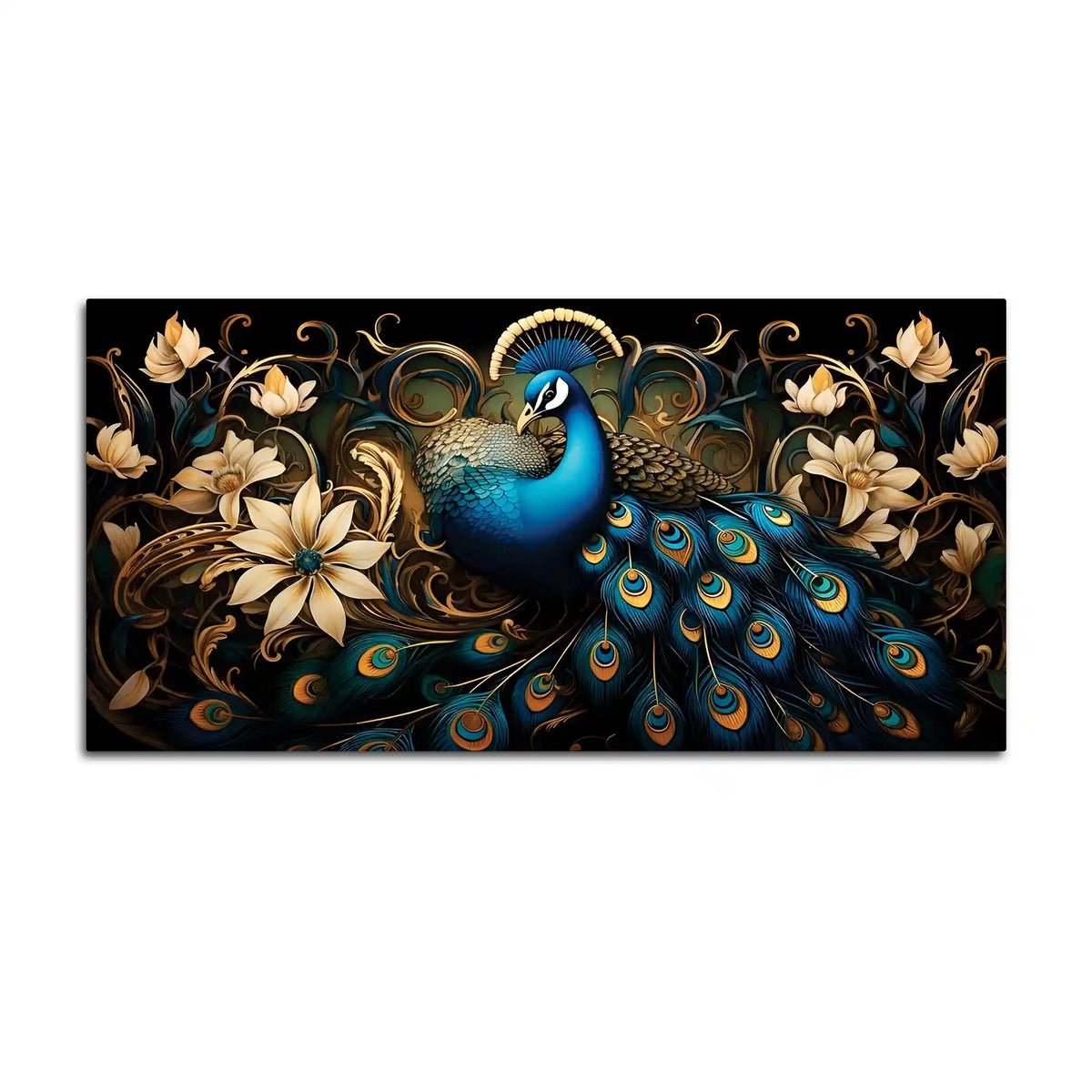 Miraculous Royal Peacock Resting in a Garden of Golden Blooms Canvas Wall Painting