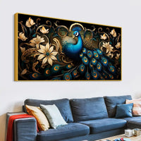 Miraculous Royal Peacock Resting in a Garden of Golden Blooms Canvas Wall Painting