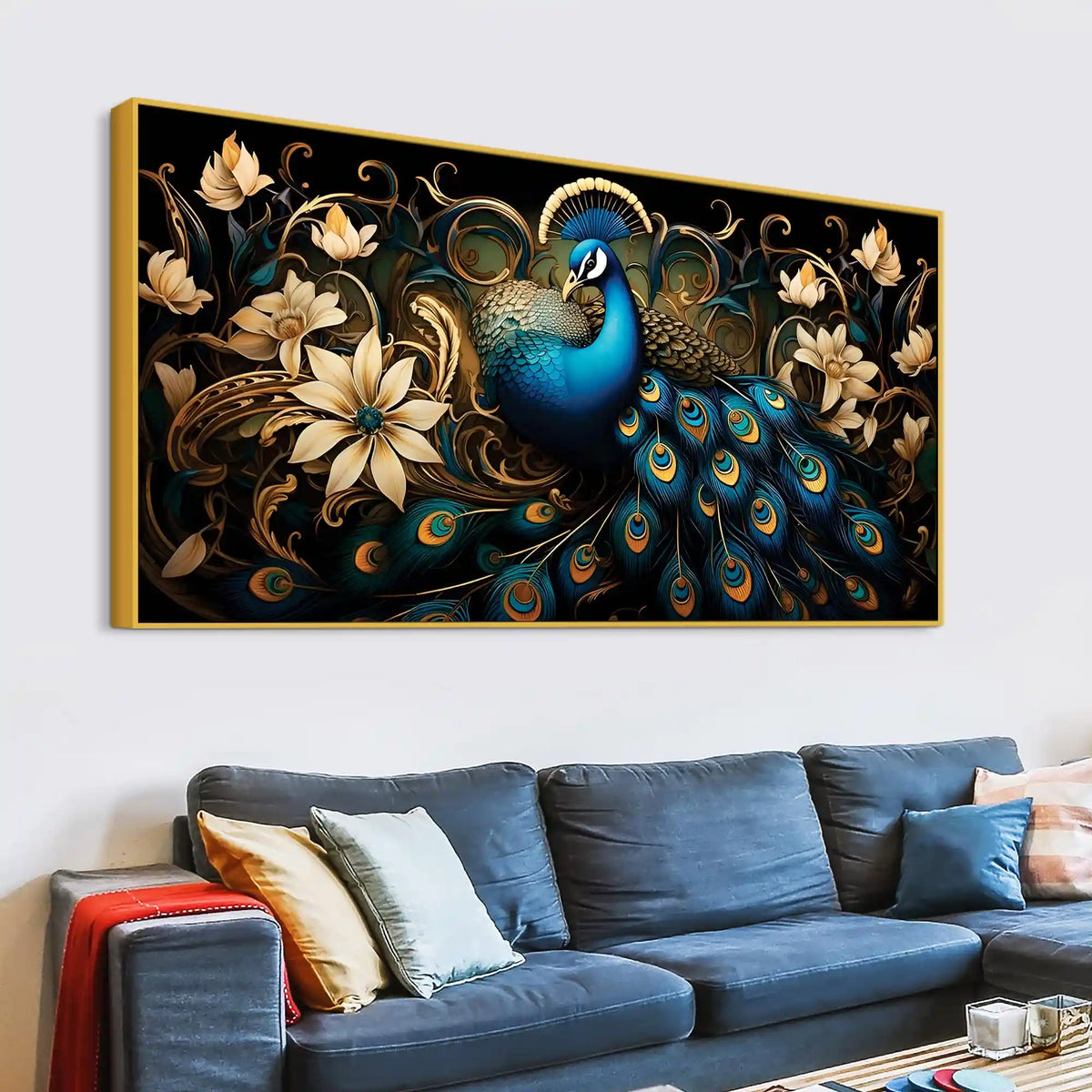 Miraculous Royal Peacock Resting in a Garden of Golden Blooms Canvas Wall Painting