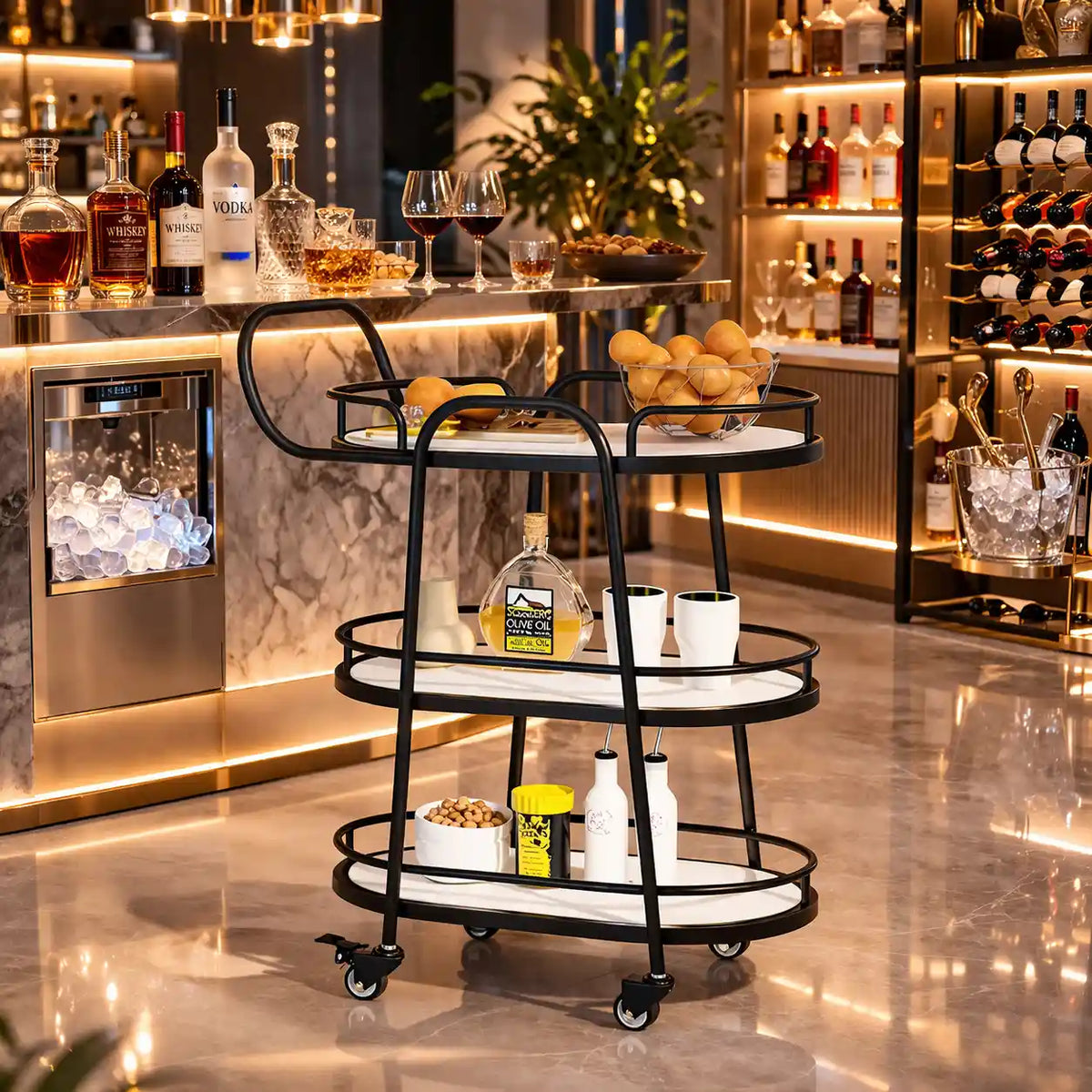 Modern 3-Tier Black Bar Cart with White Shelves