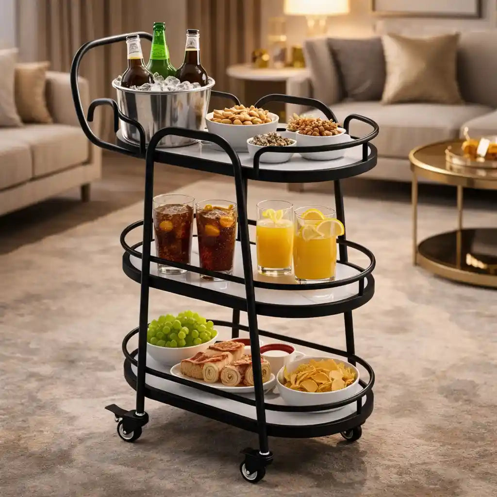 Modern 3-Tier Black Bar Cart with White Shelves