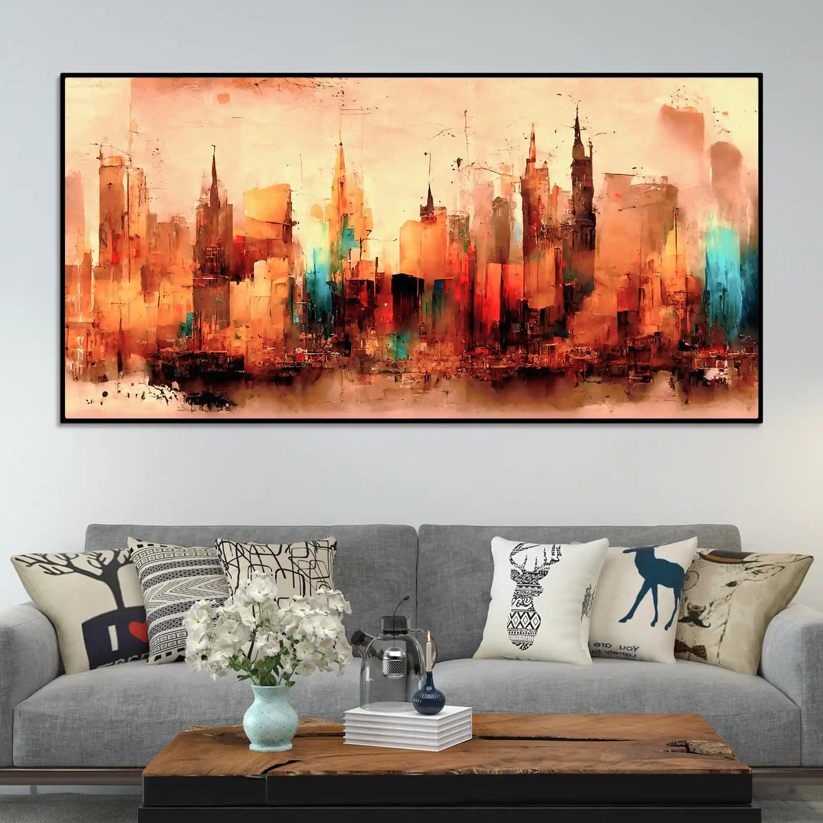 Modern Abstract City Skyline Canvas Painting for Stylish Interiors