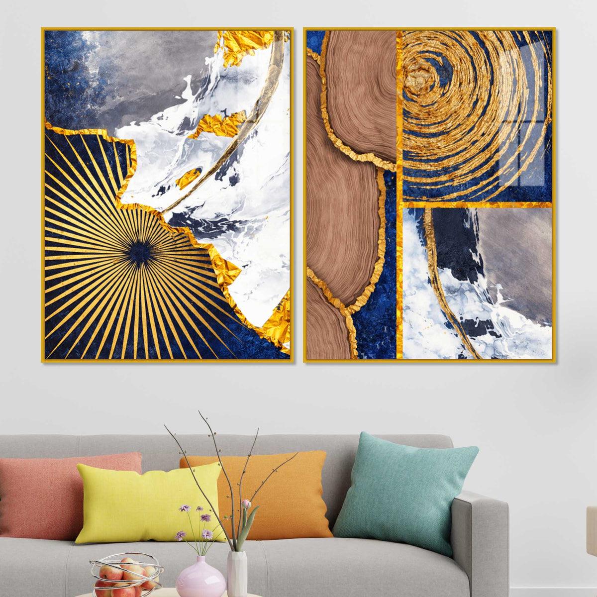 Modern Abstract Marble and Wood Texture Acrylic Floating Wall Painting Set of 2