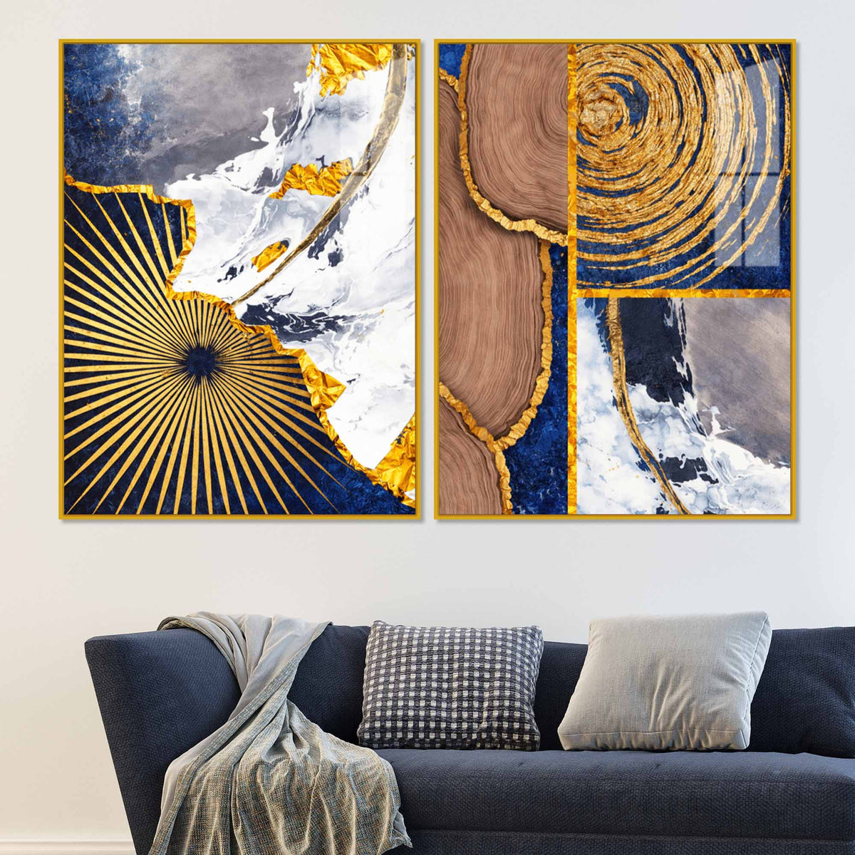 Modern Abstract Marble and Wood Texture Acrylic Floating Wall Painting Set of 2