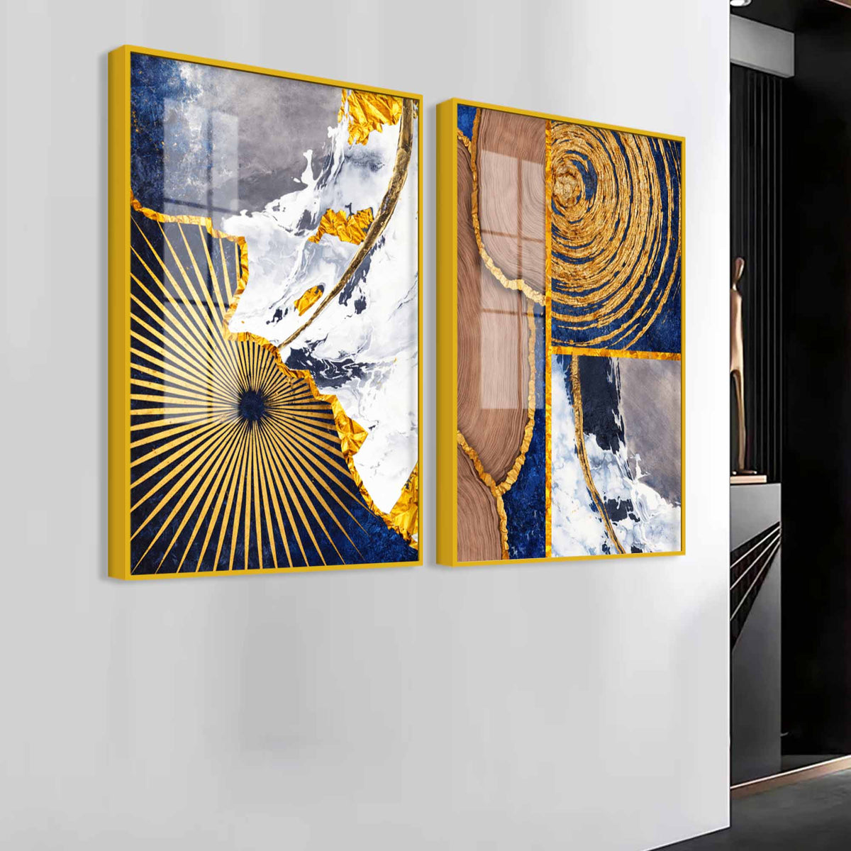 Modern Abstract Marble and Wood Texture Acrylic Floating Wall Painting Set of 2
