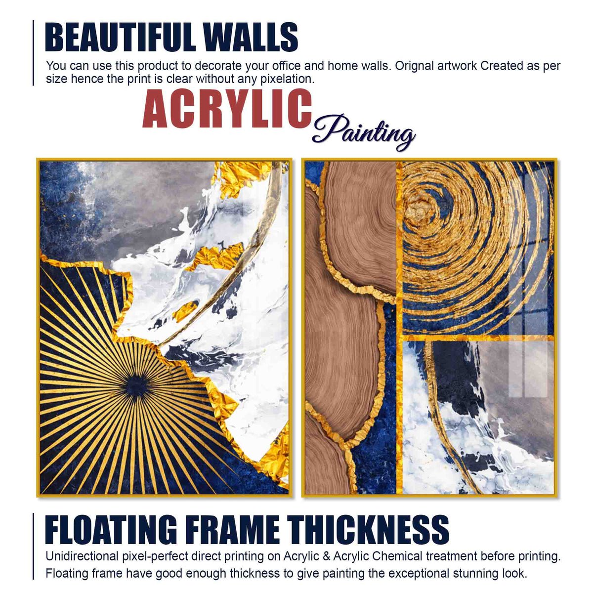 Modern Abstract Marble and Wood Texture Acrylic Floating Wall Painting Set of 2