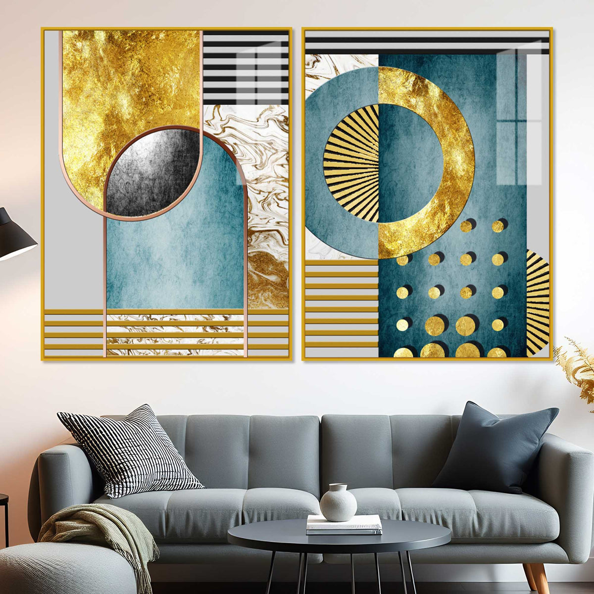 Modern Abstract Shapes Acrylic Floating Wall Painting Set of 2
