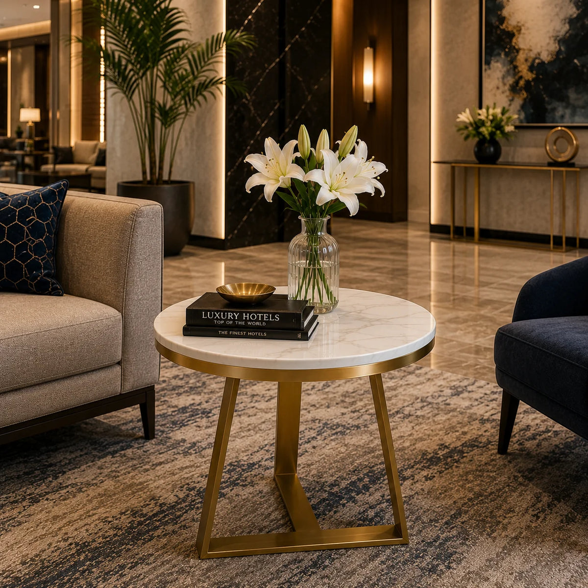 Modern Accent Side Table with White Marble Top and Gold Base