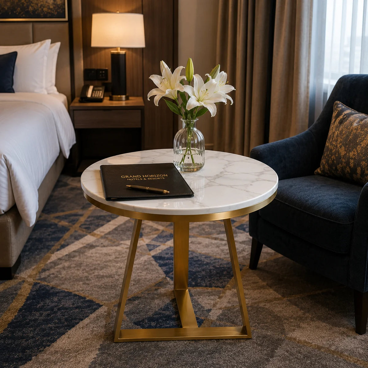 Modern Accent Side Table with White Marble Top and Gold Base