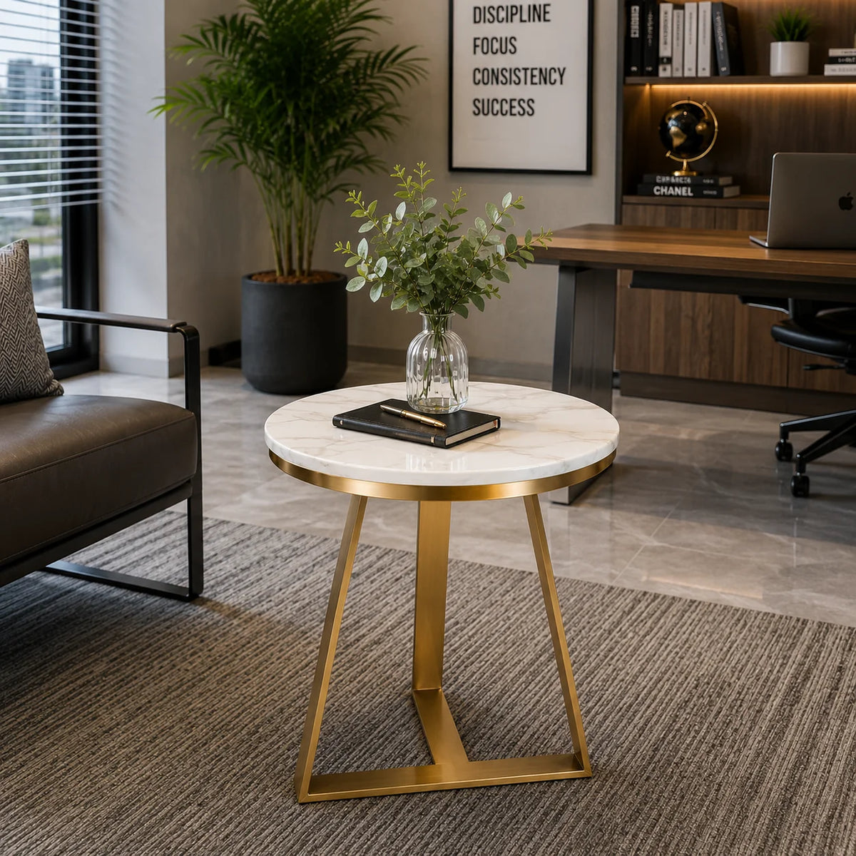 Modern Accent Side Table with White Marble Top and Gold Base