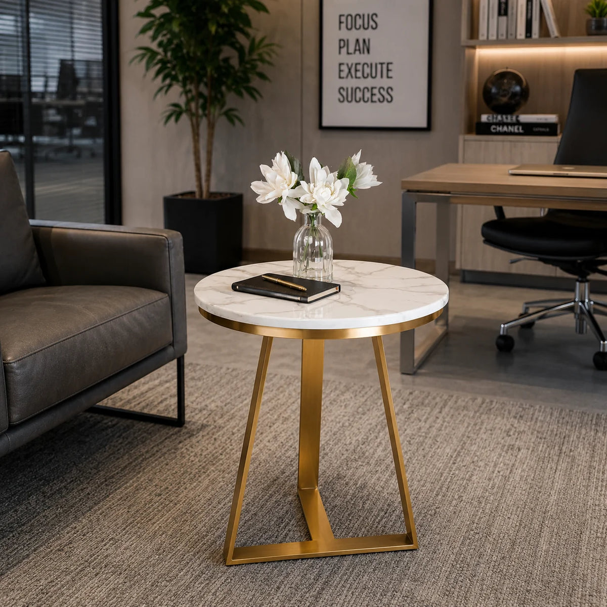Modern Accent Side Table with White Marble Top and Gold Base