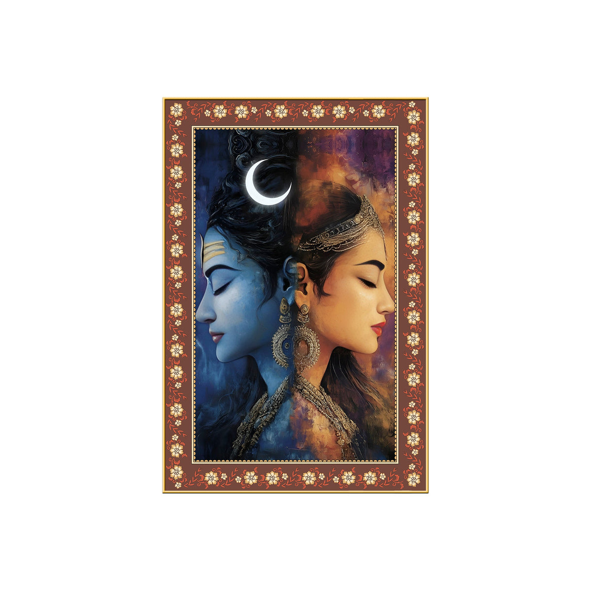 Modern Art Shiva Parvati Floral Border Vertical Wall Painting