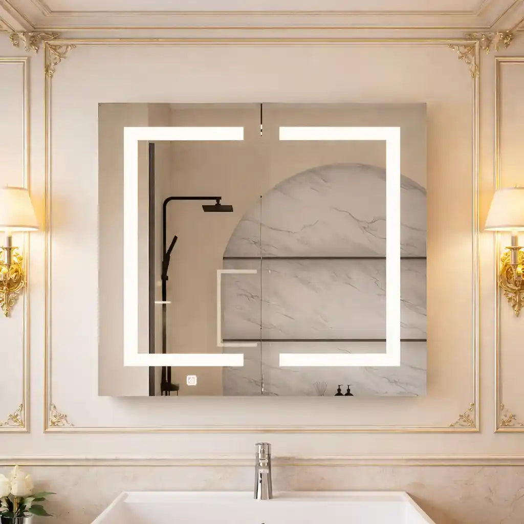 Modern Bathroom Cabinet Mirror with Artistic LED Pattern and Storage
