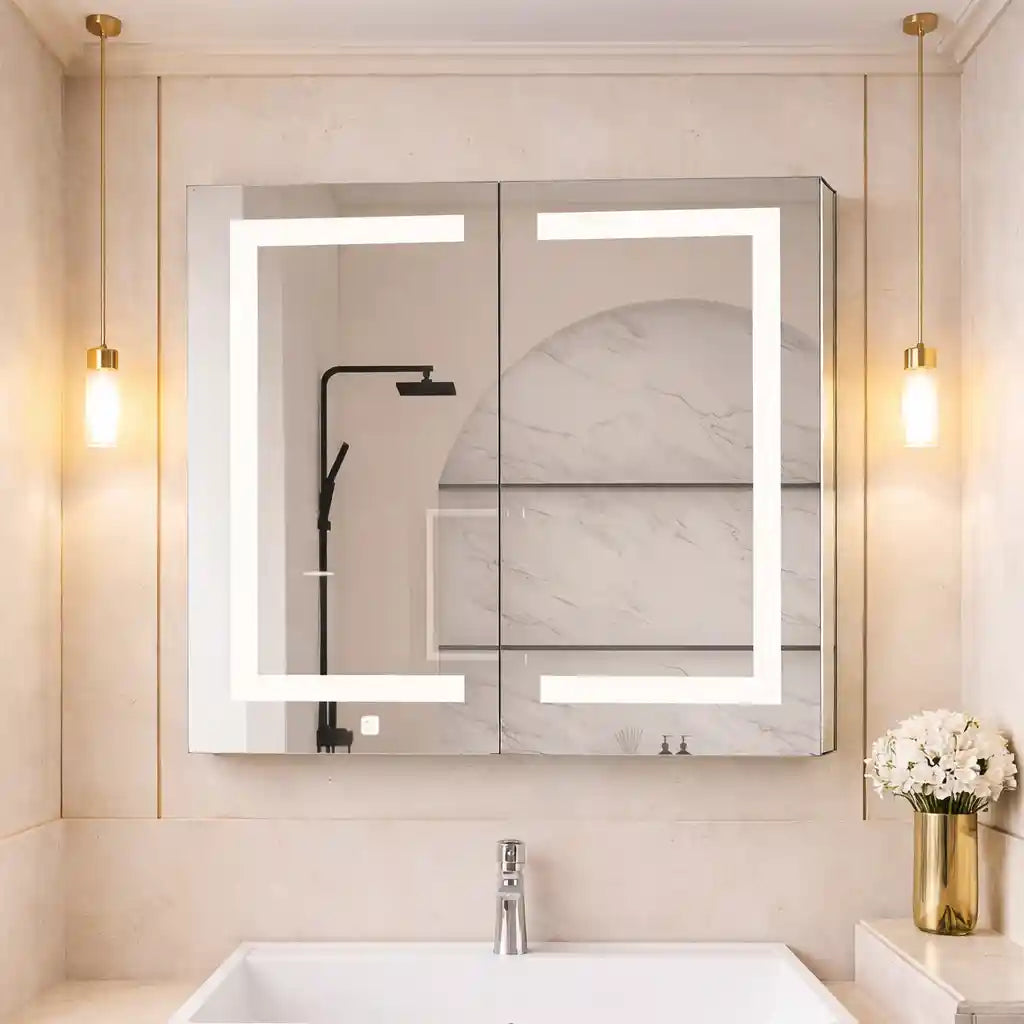 Modern Bathroom Cabinet Mirror with Artistic LED Pattern and Storage