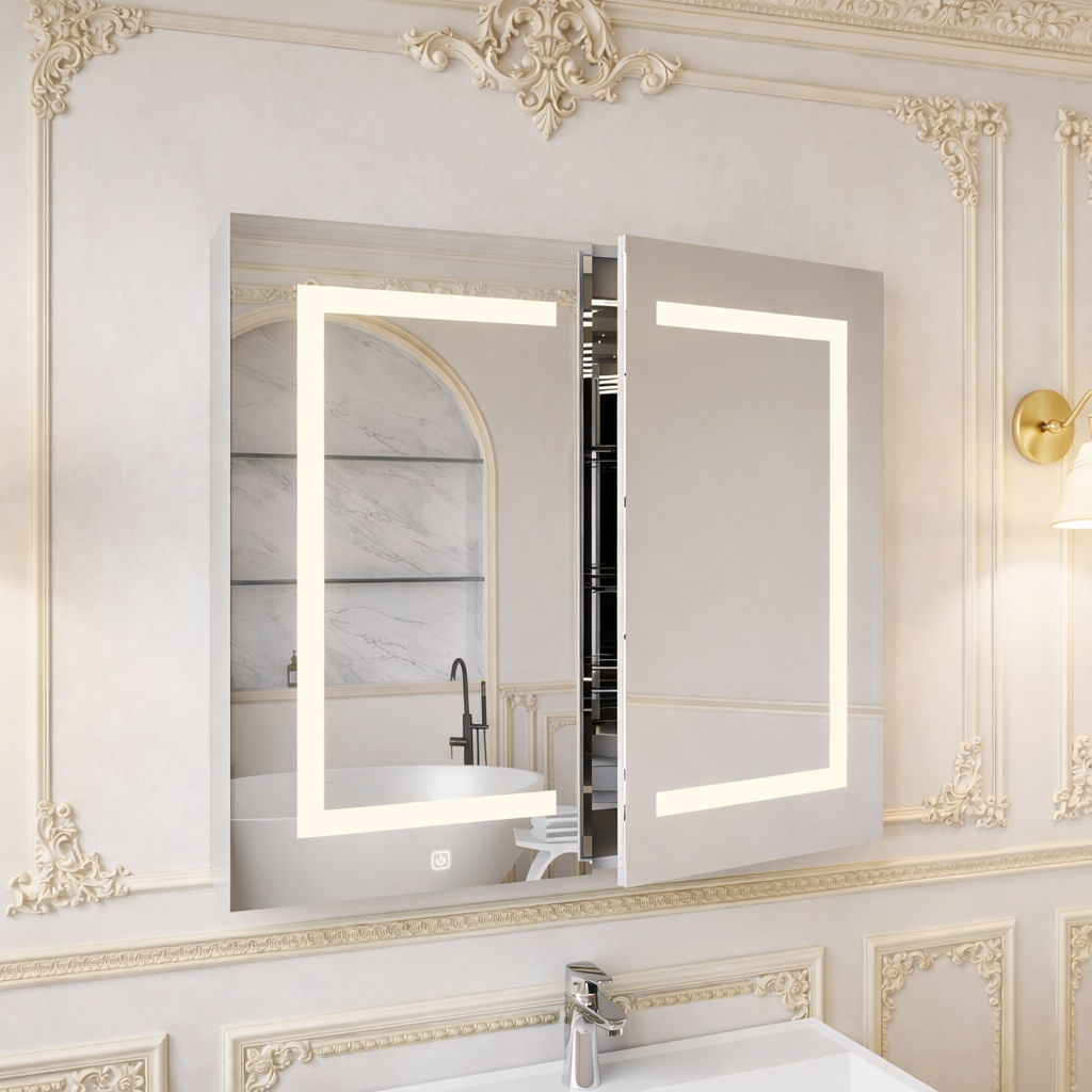 Modern Bathroom Cabinet Mirror with Artistic LED Pattern and Storage