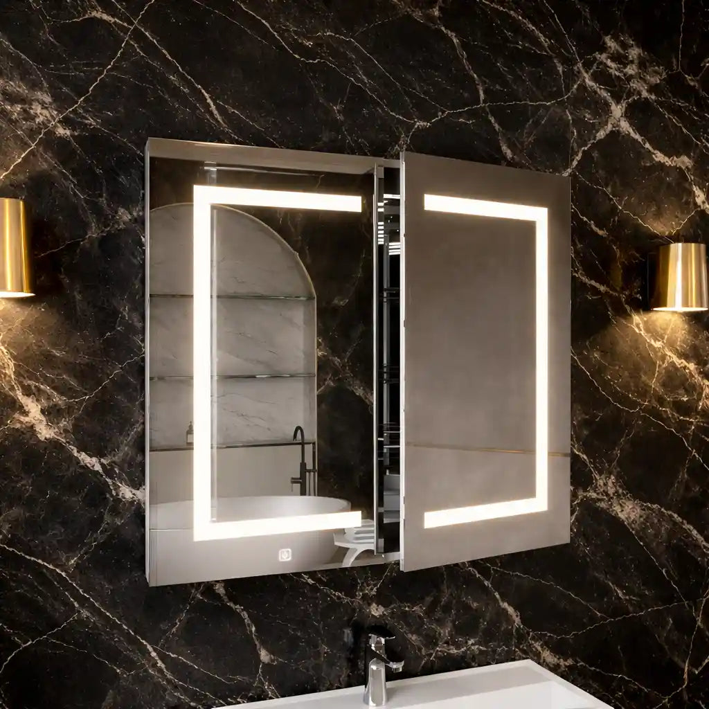 Modern Bathroom Cabinet Mirror with Artistic LED Pattern and Storage