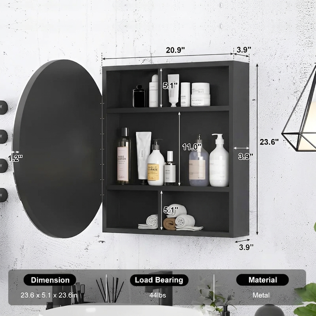 Modern Bathroom Round Mirror Cabinet with LED Rim and Organizer Space