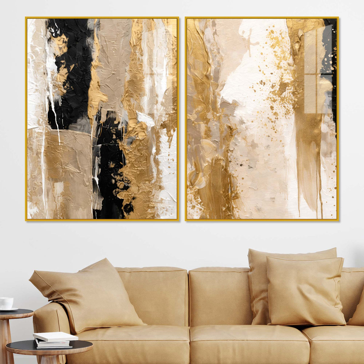 Modern Beige and Golden Textured Abstract Acrylic Floating Wall Painting Set of 2
