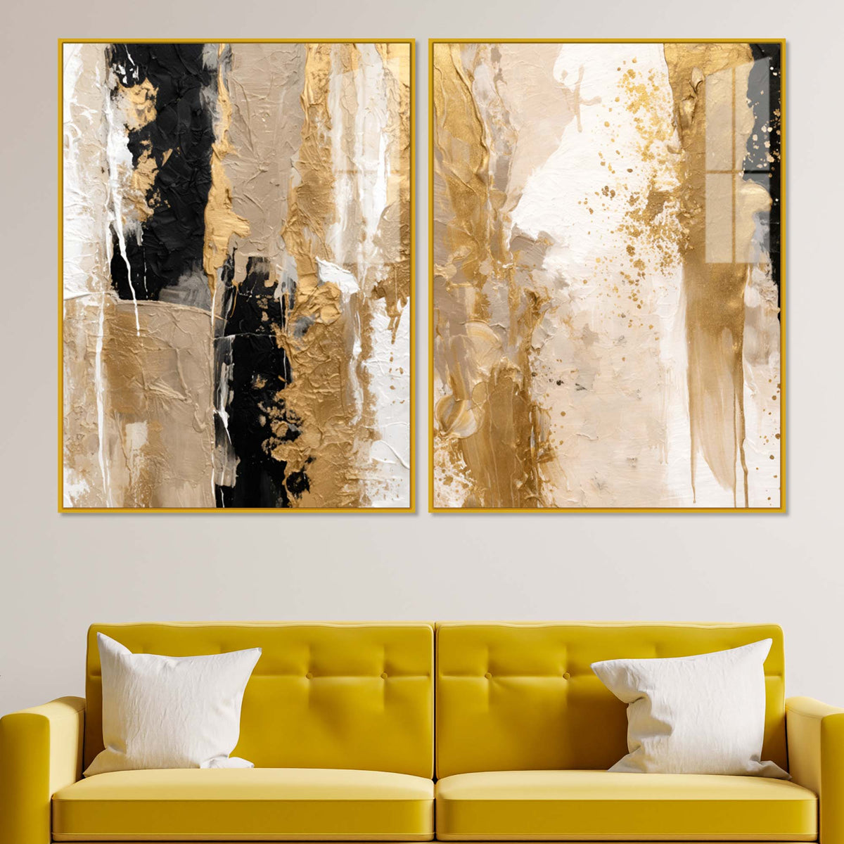 Modern Beige and Golden Textured Abstract Acrylic Floating Wall Painting Set of 2