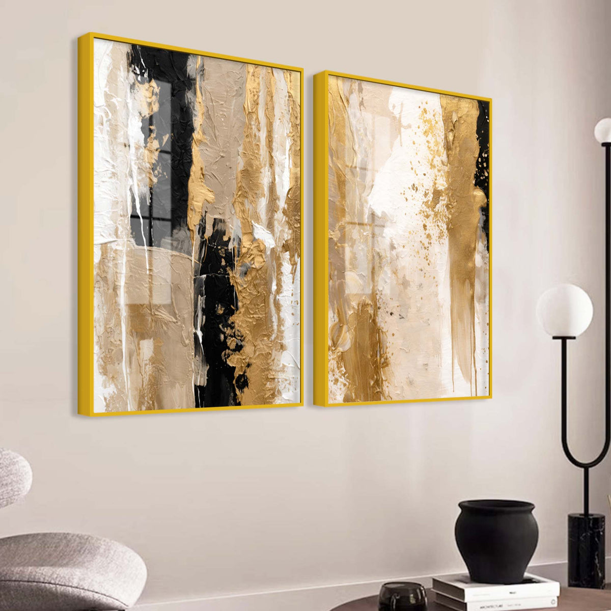 Modern Beige and Golden Textured Abstract Acrylic Floating Wall Painting Set of 2