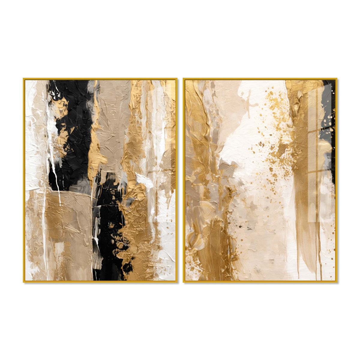Modern Beige and Golden Textured Abstract Acrylic Floating Wall Painting Set of 2