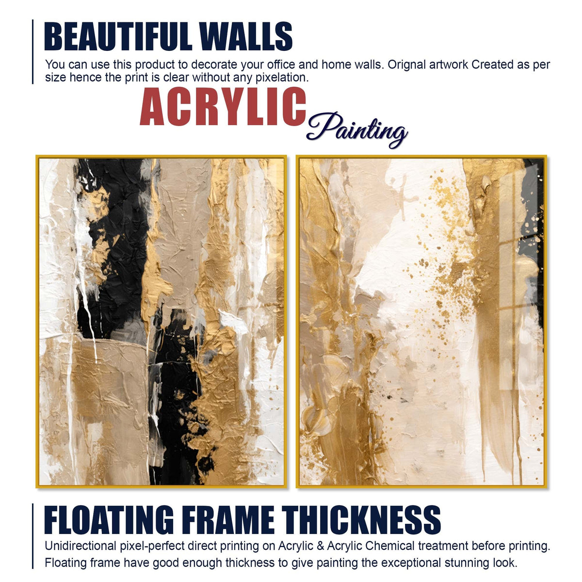 Modern Beige and Golden Textured Abstract Acrylic Floating Wall Painting Set of 2
