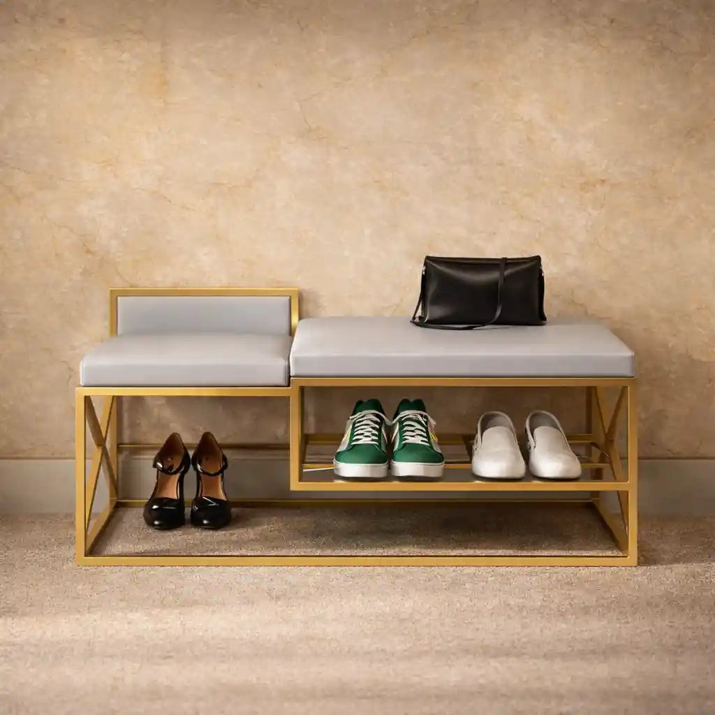 Modern Bench Gray Velvet with Shoe Organizer Rack