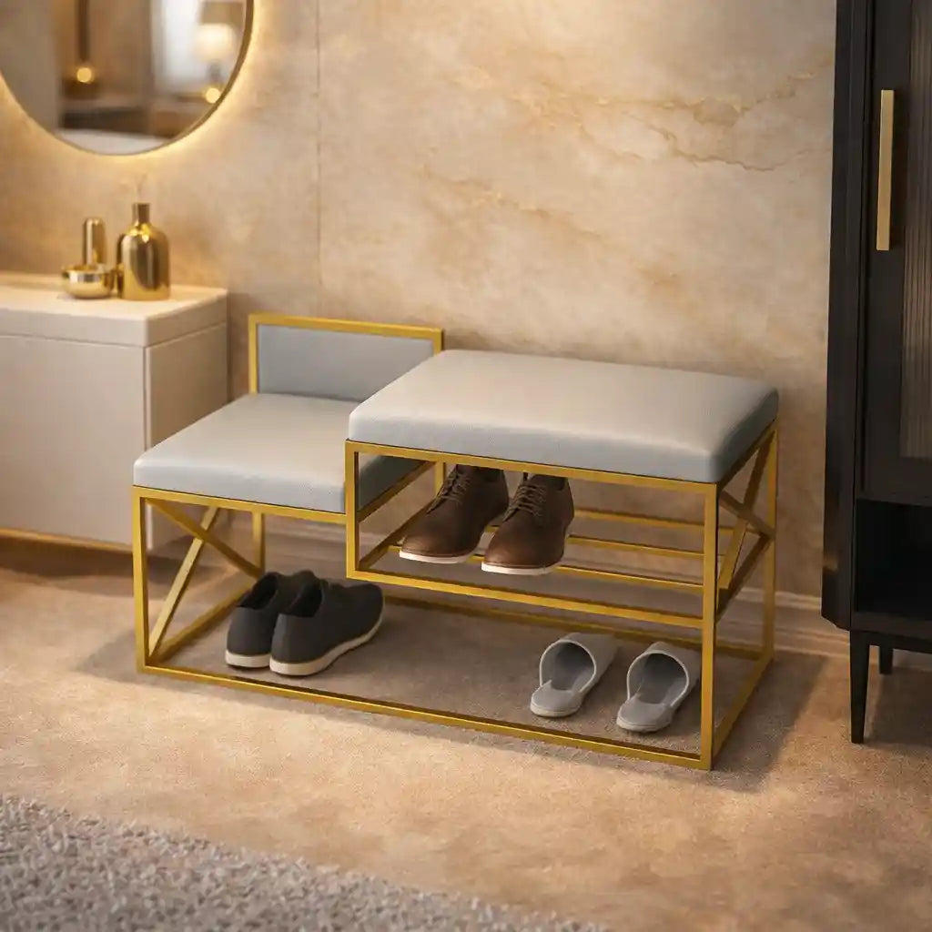 Modern Bench Gray Velvet with Shoe Organizer Rack
