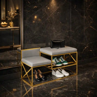 Modern Bench Gray Velvet with Shoe Organizer Rack