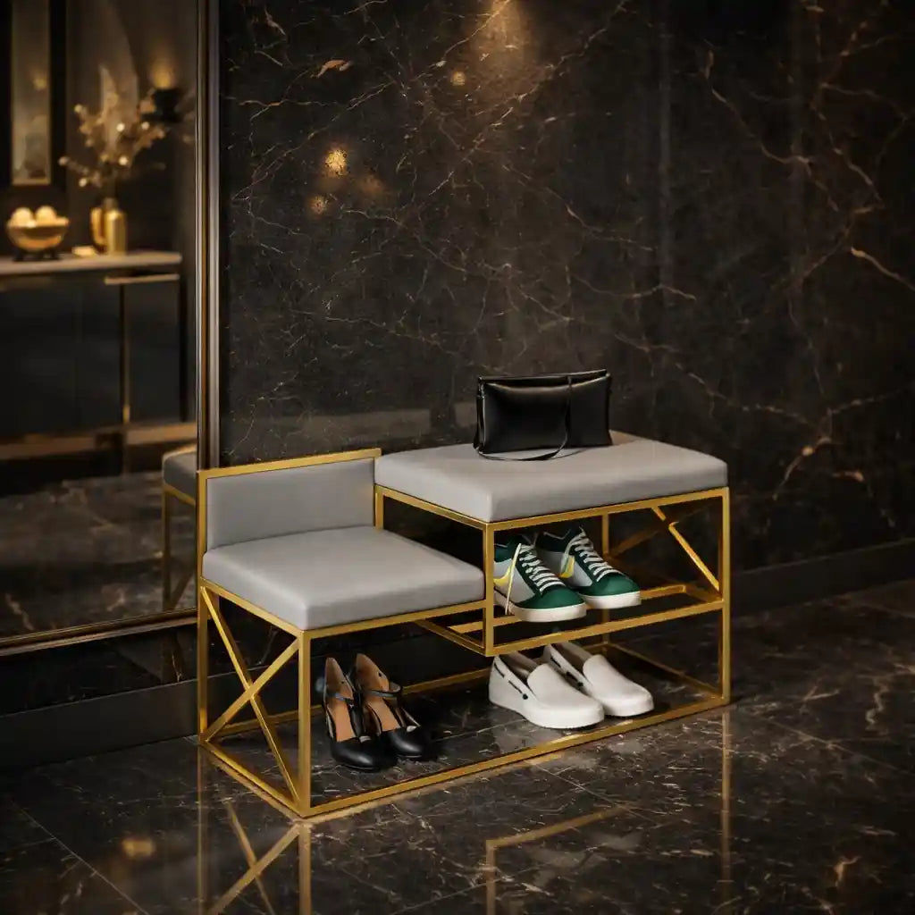 Modern Bench Gray Velvet with Shoe Organizer Rack
