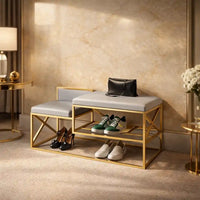 Modern Bench Gray Velvet with Shoe Organizer Rack