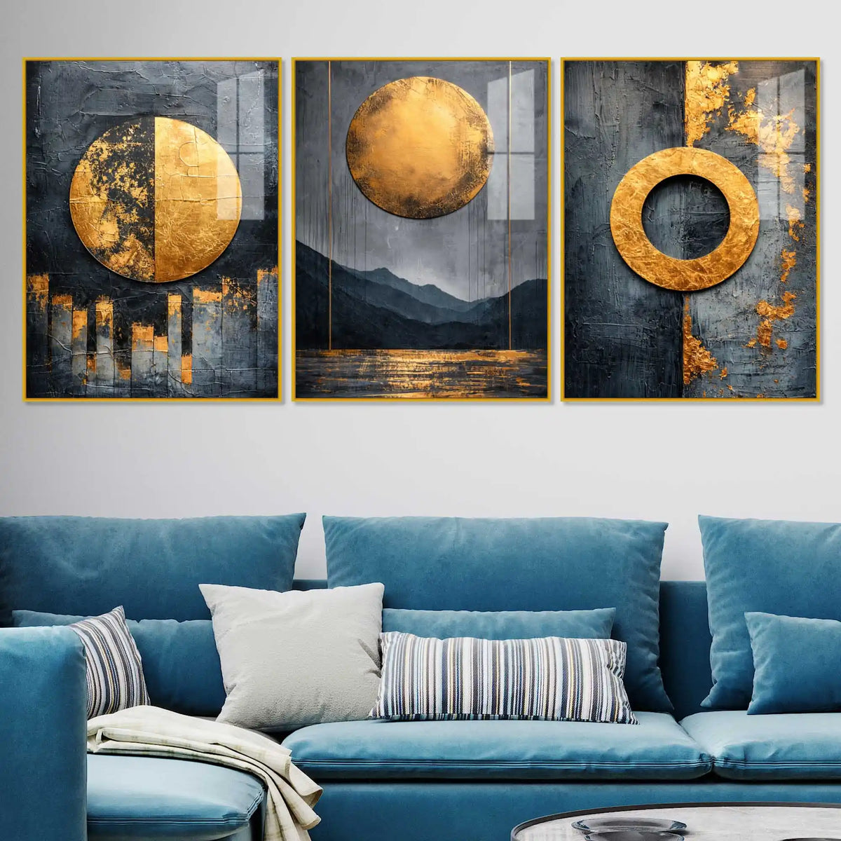 Modern Black Gold Geometric Artwork Acrylic Floating Wall Painting Set of 3