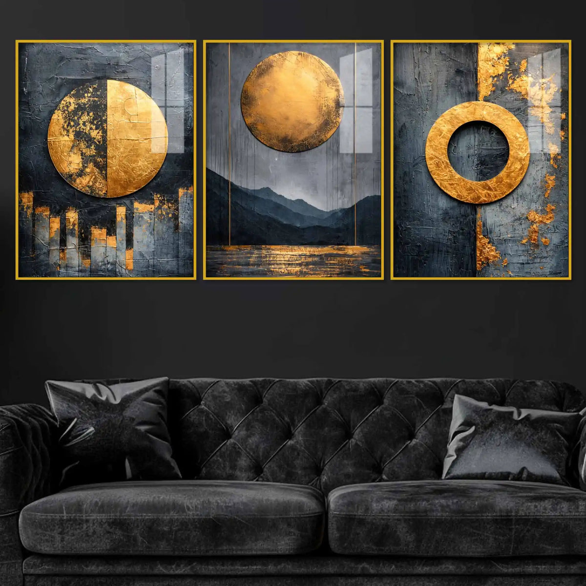Modern Black Gold Geometric Artwork Acrylic Floating Wall Painting Set of 3