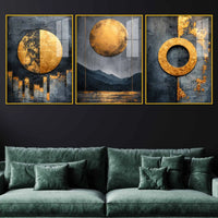 Modern Black Gold Geometric Artwork Acrylic Floating Wall Painting Set of 3