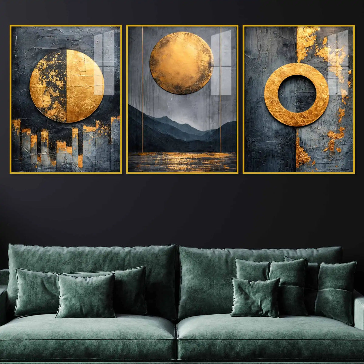 Modern Black Gold Geometric Artwork Acrylic Floating Wall Painting Set of 3