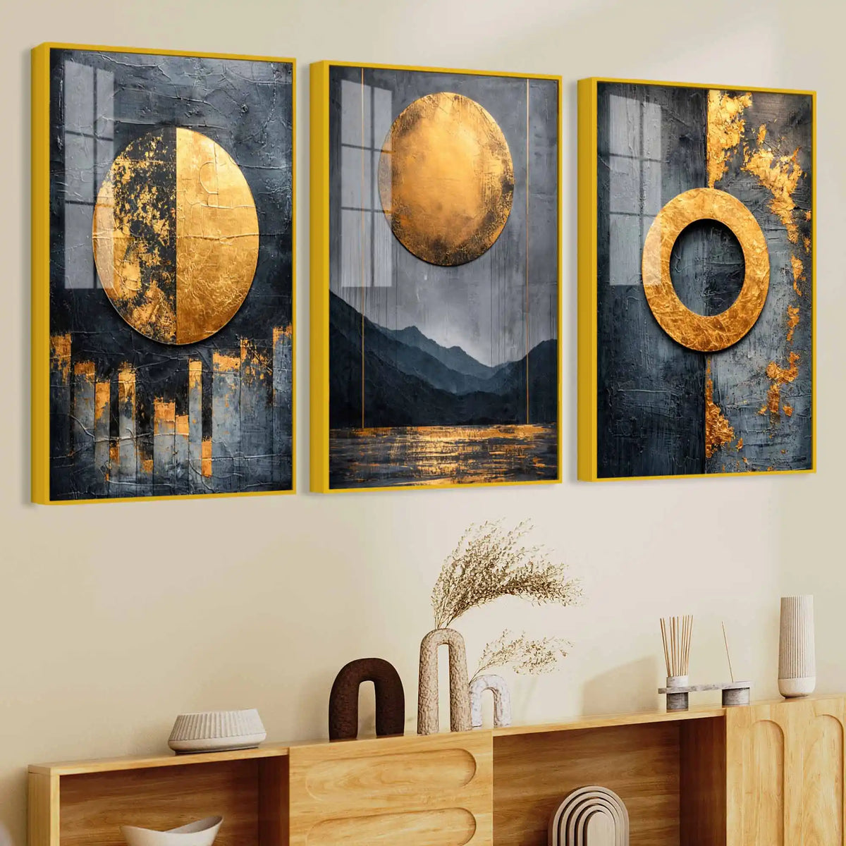 Modern Black Gold Geometric Artwork Acrylic Floating Wall Painting Set of 3