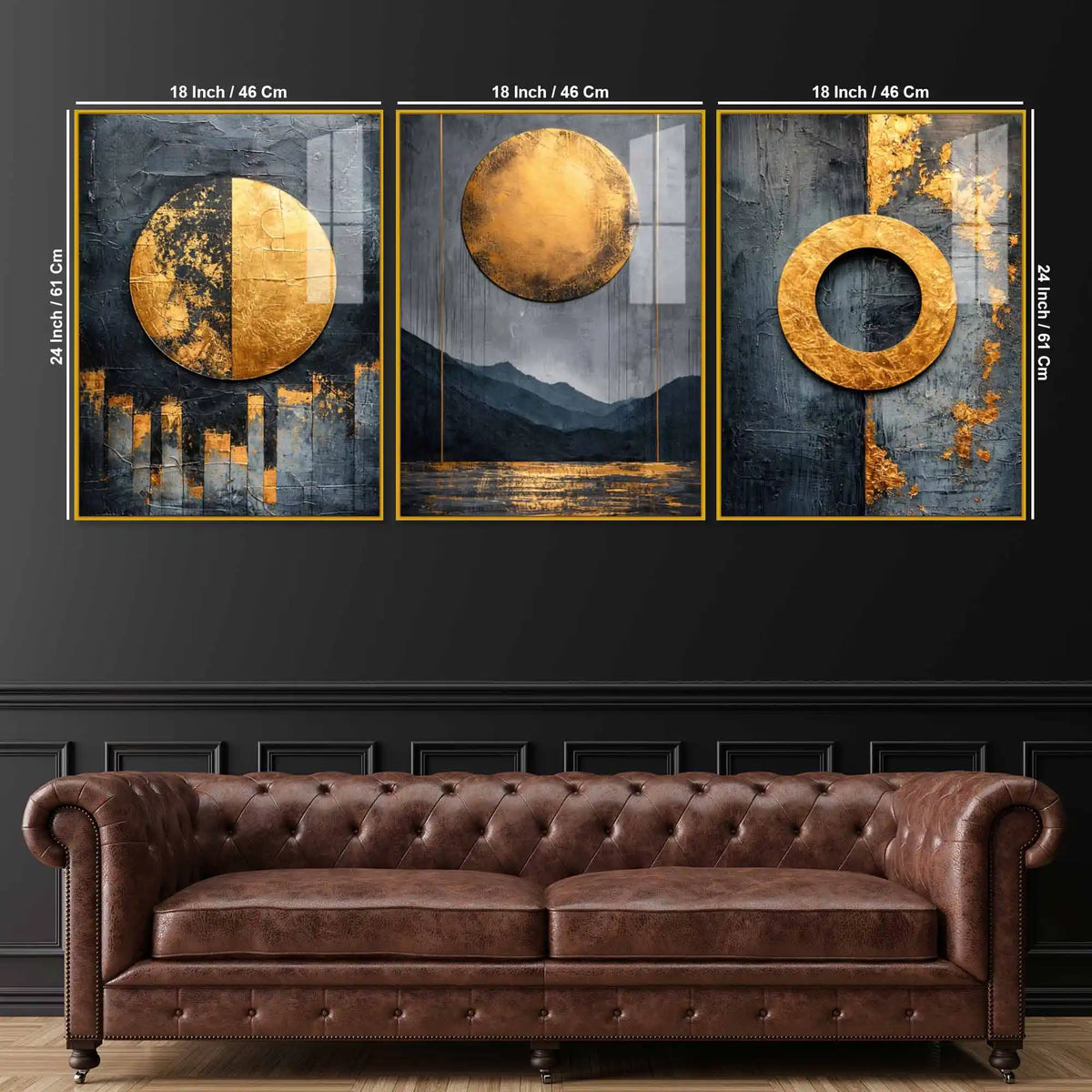 Modern Black Gold Geometric Artwork Acrylic Floating Wall Painting Set of 3