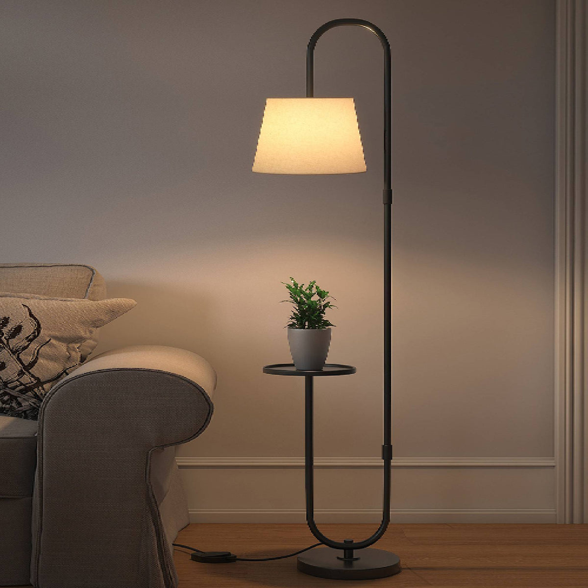 Modern Black Metal Finish Curved Floor Lamp Standing with Table Shelf