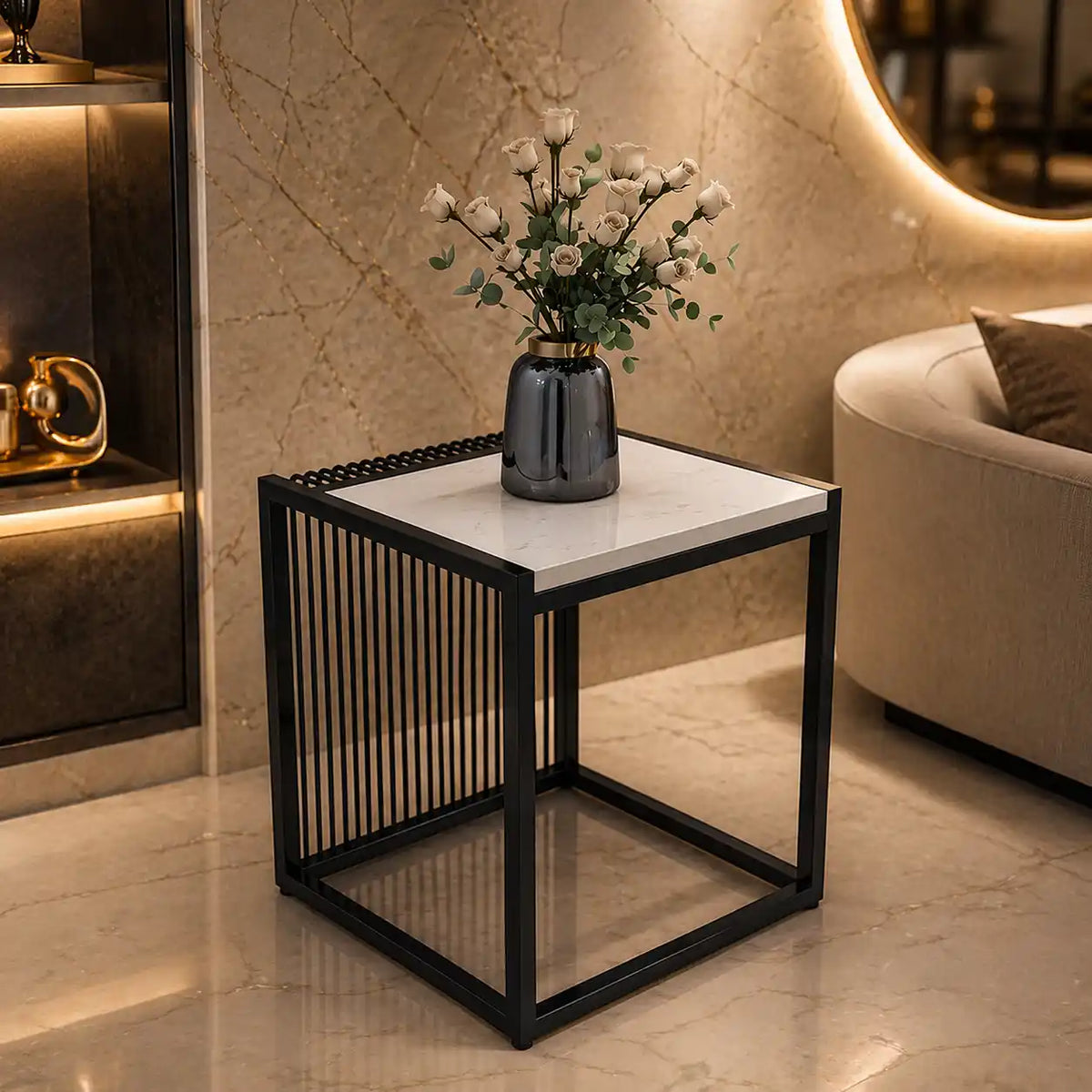 Modern Black Metal & Marble Accent Side Table
